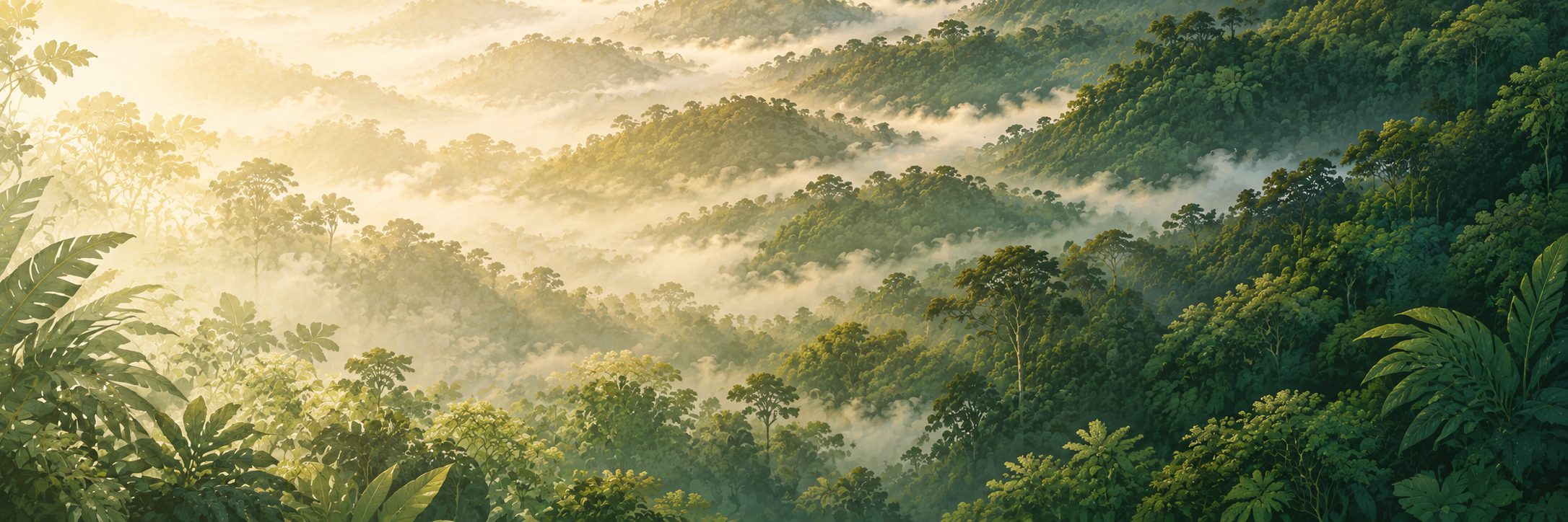 Ilustración de bosque de montaña y neblina
