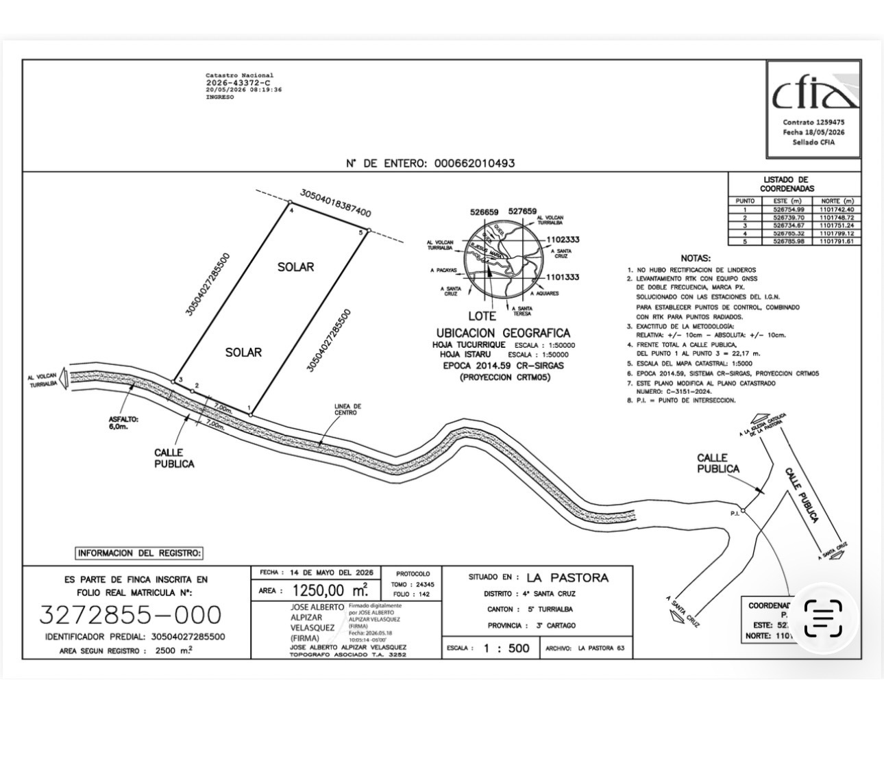 Plano del lote de 1.250 m²