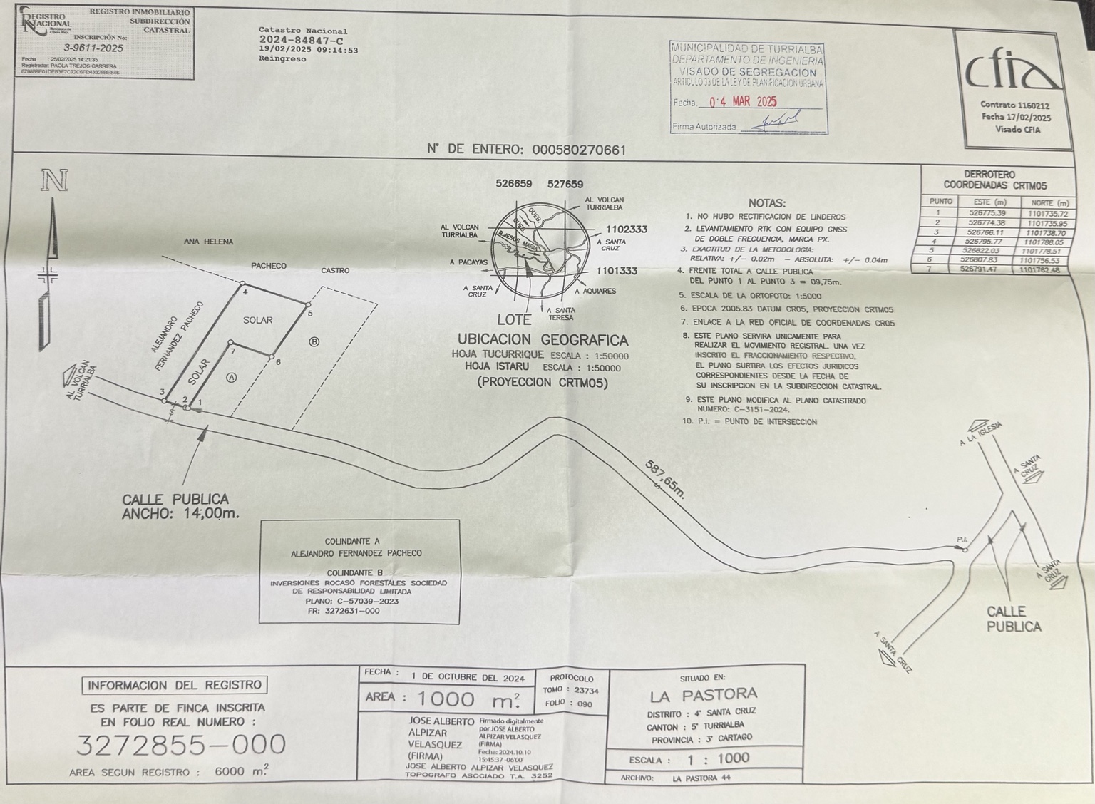 Plano catastrado del lote de 1.000 m²