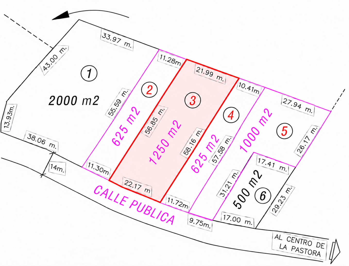 Croquis ilustrativo del lote de 1.250 m² resaltado en rojo
